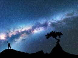 Milky Way, silhouette of woman and tree. Space
